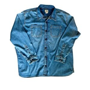 LL Bean Blue Denim Button-Up Shirt Double Pockets XXL Long Sleeve
